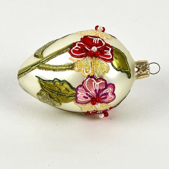 VTG Glass Christmas Ornament Floral Cloisonne Victorian style oval beads pearls - Picture 4 of 6